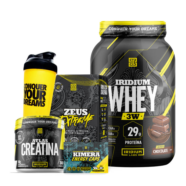 Combo Whey 3W + Zeus Extreme + Atlas Creatina + Coqueteleira + Kimera Dose Única